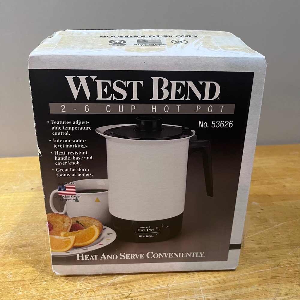 Vtg West Bend 2-6 Cup‎ Electric Hot Pot 53626 White Black Retro Made in USA NOS